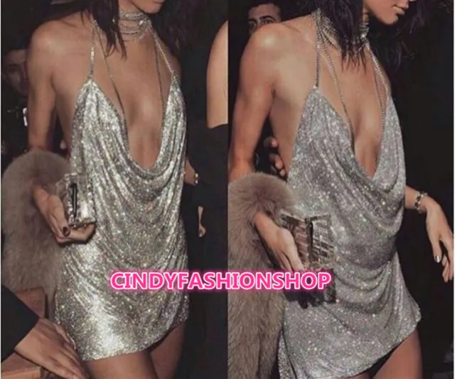 USA New Womens Backless Sequin Dress Ladies Plunge Chain Choker Slip Dress