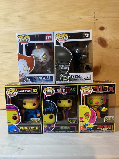 Funko Pop Horror Lot Of 5- Black Light Pennywise, Michael Myers, Elvira, Alien