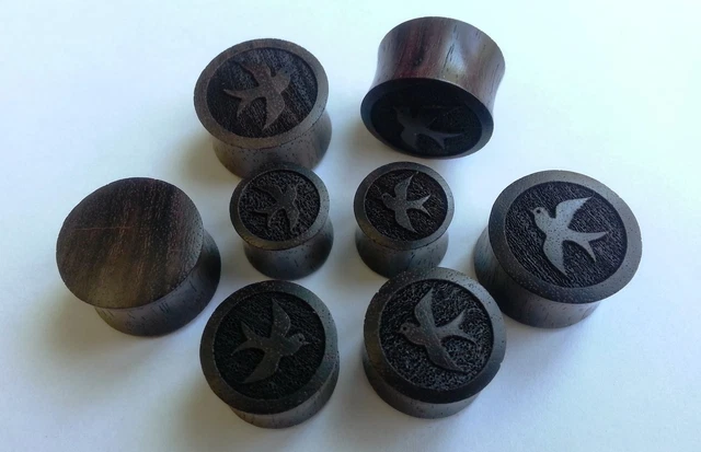 1Pair ORGANIC HandMade Swallow Sparrow Sono Wood Saddle Ear Plugs Tunnels Gauges 3