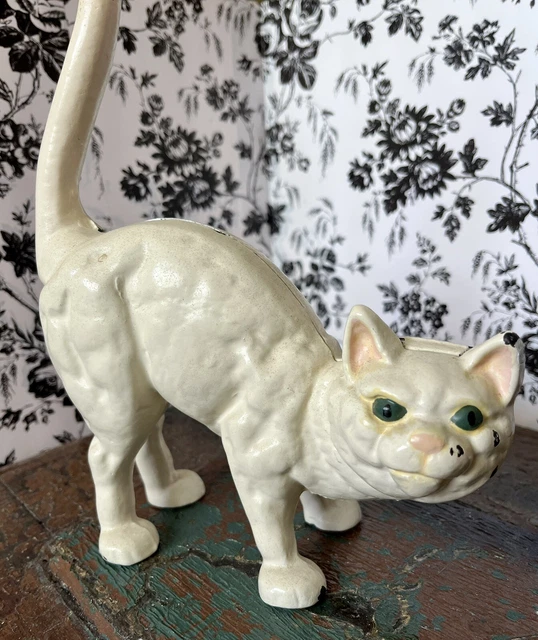 ANTIQUE HUBLEY style CAST IRON WHITE CAT with Arched Back and Tail Up
