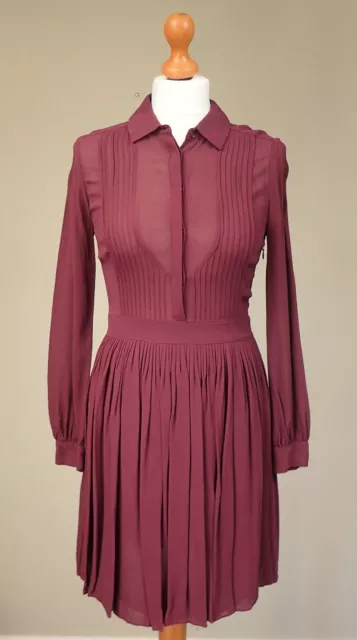 Whistles Size UK 8 Viscose Crepe Pleated Shirt Dress Pintucks Burgundy Wine Red