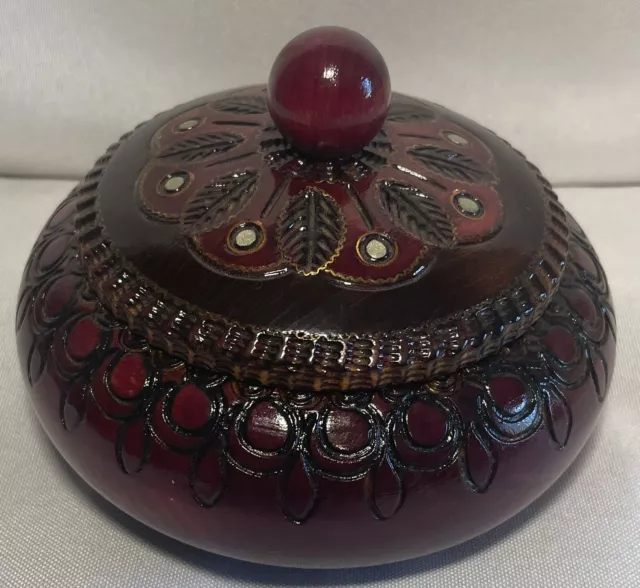 Round Wood Hand Carved Trinket Box with Lid, Hand-Painted Metal Inlay Detailed
