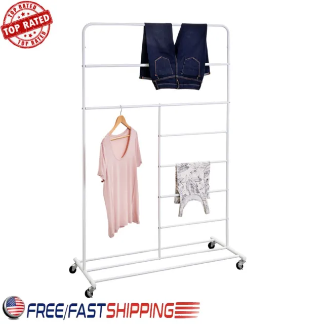 Clothes Drying Rack W/ T-Bar Rolling Laundry Hanger Indoor Steel Stand Home New