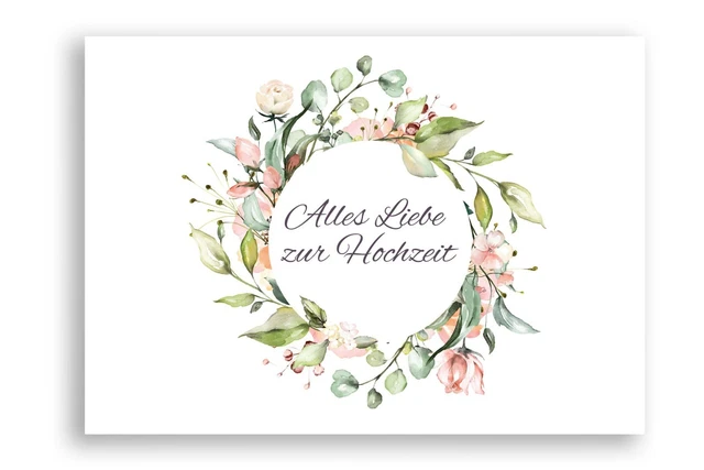 Hochzeitskarte, Karte zur Hochzeit mit Blumenkranz, Alles Liebe zur Hochzeit