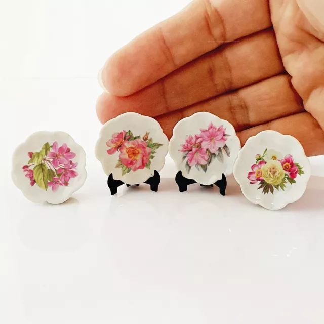 Dollhouse Miniatures Ceramic Plates Botanic Flowers Kitchen Accessories Set 4Pcs