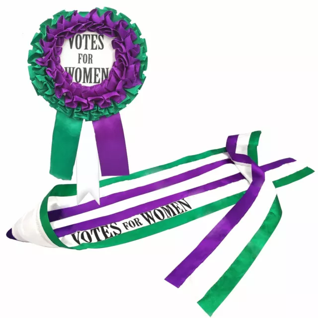 Girls Victorian Suffragette Kit Sash Rosette Bundle Dress Up Shiny Purple Green