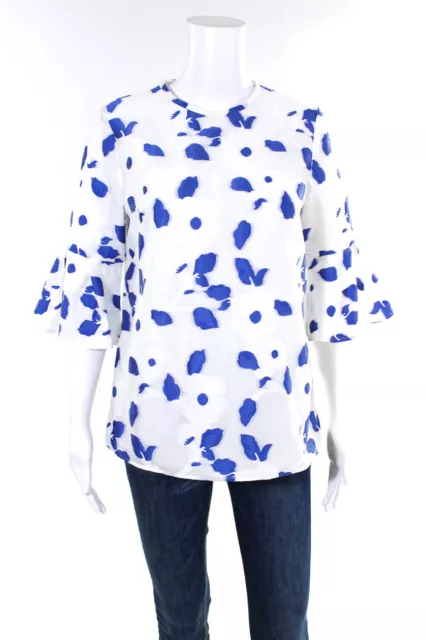 Pearl By Lela Rose Womens Half Sleeve Crew Neck Floral Shirt White Blue Size 6