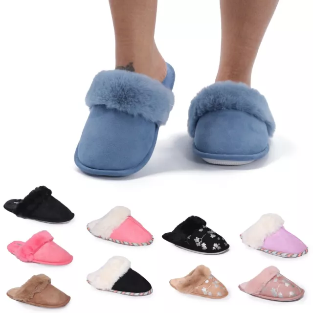 Ladies Faux Suede Slip On Slippers Size 3-8UK - WOMENS WINTER WARM SLIPPER MULES