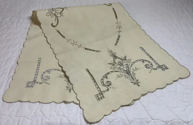 Vintage Dresser Scarf, Linen, Flower & Scroll Embroidery, Light Beige, Grey