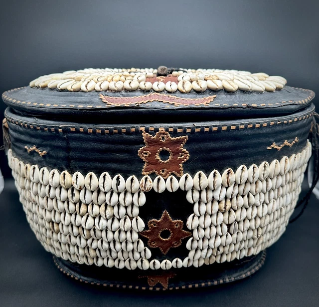 VTG Extra Large Cowrie Shells/Black&Brown Leather Trim Basket- Africa