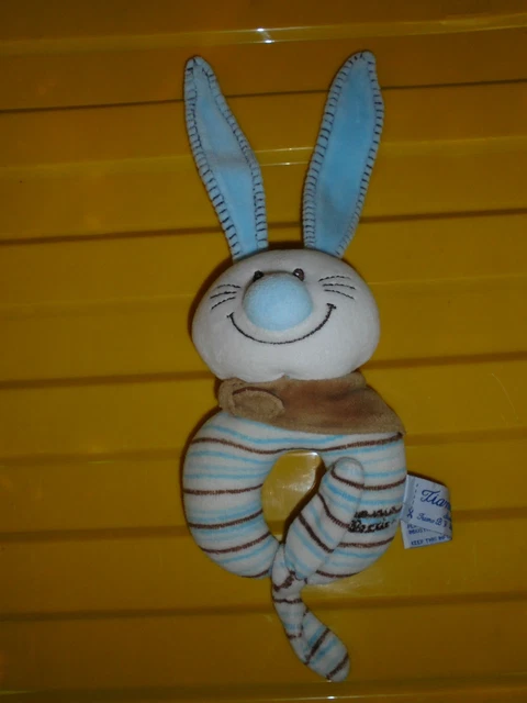 Peluche Doudou Hochet TIAMO Collection Lapin Blanc Bleu Bandana Beige  NEUF