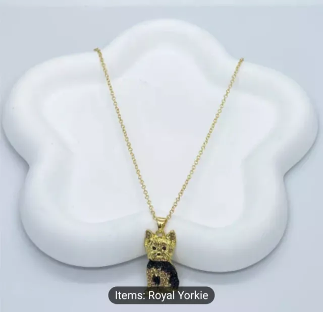 Cute Royal Yorkie Sparkling Rhinestone Pendant Necklace Puppy Jewelry Dog Golden