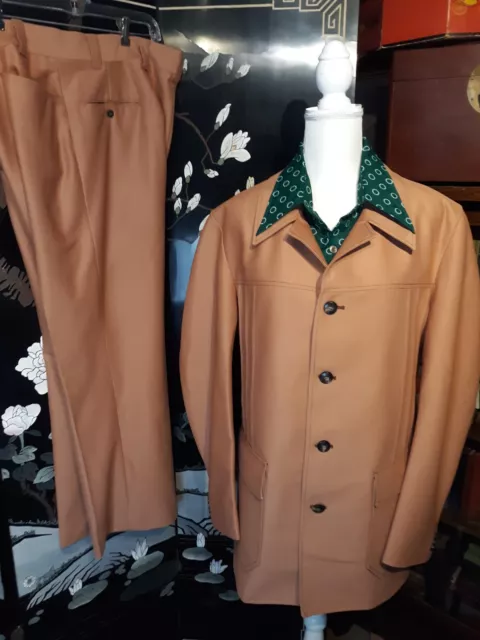 Vtg 70s Orange Leisure Suit Jacket 42" Tall Pants Waist 41", Length 29" Disco