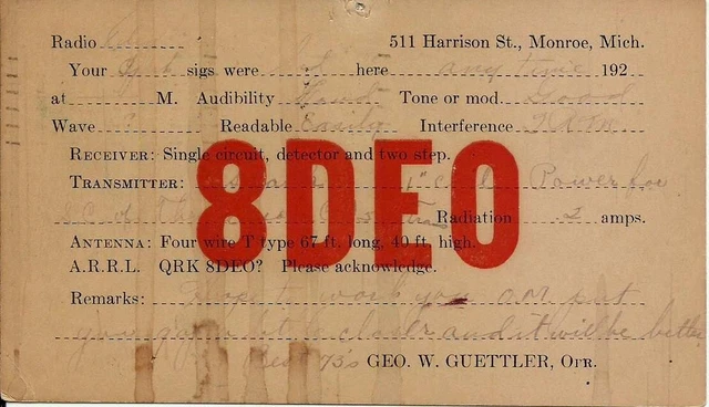 Vintage Ham Radio Qsl Cards 1923  8Deo   Monroe, Mi.