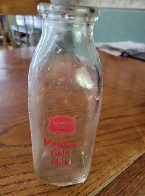 Vintage Milk Bottle Glass Pint Meadow Gold Milk 1949