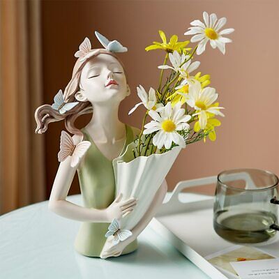 Sculpture Butterfly Girl Flower Vase Figurines Resin Tabletop Statues Decoration