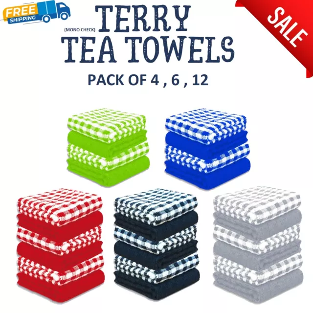 Pack Of 12 Terry Tea Towels 100% Egyptian Cotton Kitchen Dish Cleaning Bar Cloth