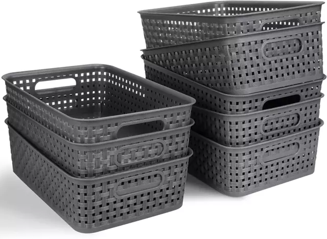 8-Pack Plastic Storage Baskets Dark Grey, Home Organization Cabinets Countertor