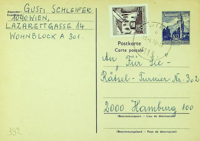 Österreich 1970 20g Frankiert Auf 1.80s Postal Karte Von Wien Zu Hamburg Germany