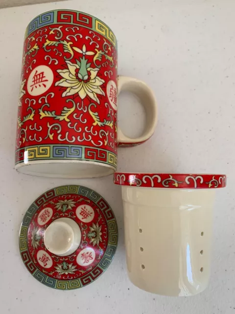 Vintage New Chinese Red Mun Shou Longevity Ceramic Hot Tea Water Cup & Lid