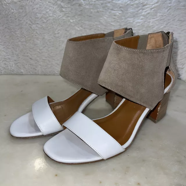 Aquatalia Enid Stacked Heel Sandal, White Leather & Brown Suede Women Size US 7