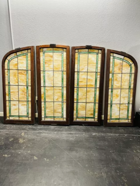 4 Large Antique Mission Arts Crafts Slag Stained Glass shutters - Architectural