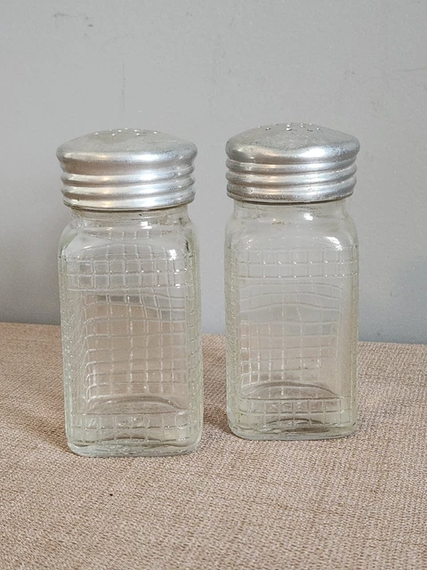 Lot of 2 Vintage Antique Hoosier 5" Waffle Glass Spice Jars w/ Lids