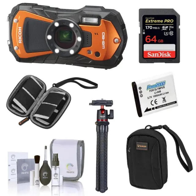 Ricoh WG-80 Waterproof Digital Camera, Orange with Essential Accessories Kit