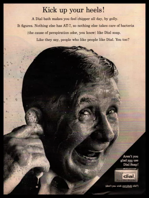 1962 Dial Bar Soap With AT-7 Older Man Grandpa Type In Shower Vintage Print Ad