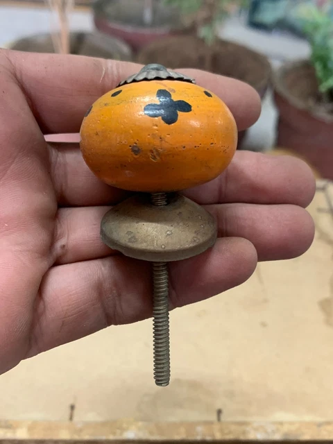 Vintage Old Hand Carved Orange & Black Flower Painted Wooden & Brass Door Knobs