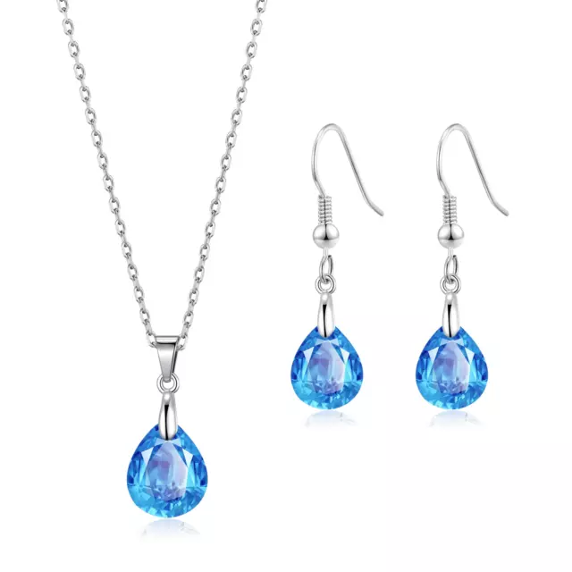 Sterling Silver Aquamarine Pear Set Created with Zircondia® Crystals