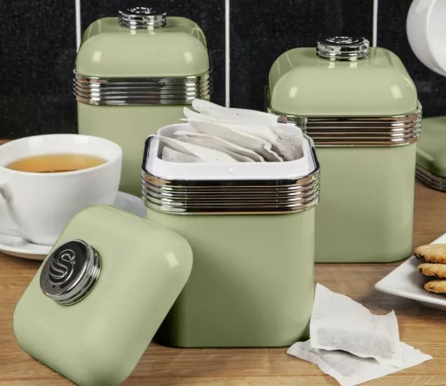 Swan Retro Tea, Coffee, Sugar Set of 3 Storage Canisters Vintage Green & Chrome