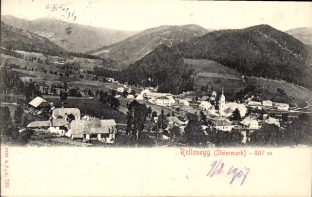 AK 1905 -Blick auf RETTENEGG mit Pfarrkirche + ein Häusern ringsum