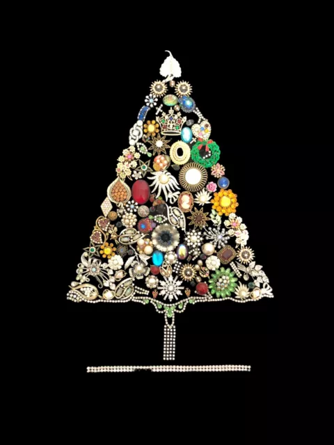 Vintage Jewelry Art Jeweled Christmas Tree Black Velvet 18 X 24 One of a Kind