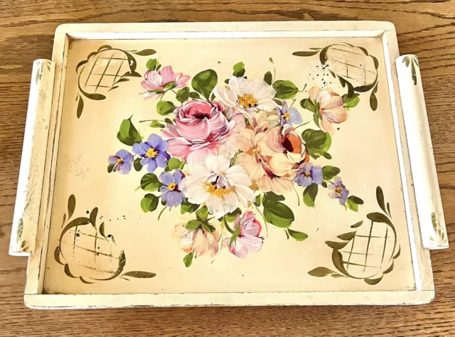 Antique Hand-painted Tole Serving Tray/W Handles Beautiful Roses