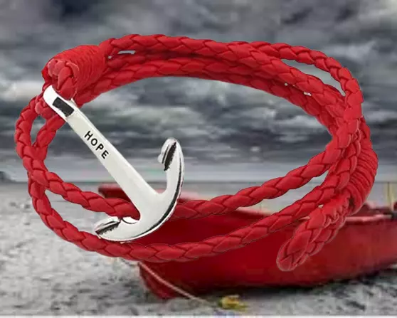 Bracelet - Cuir Tressé Rouge + Ancre de Bateau Plaqué Argent - gravure "Hope".