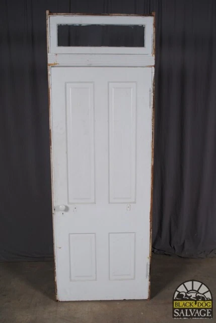 Door in Jamb, 34"x 98", Solid Pine 4 Panel Door, Transom, 1885 Salvage