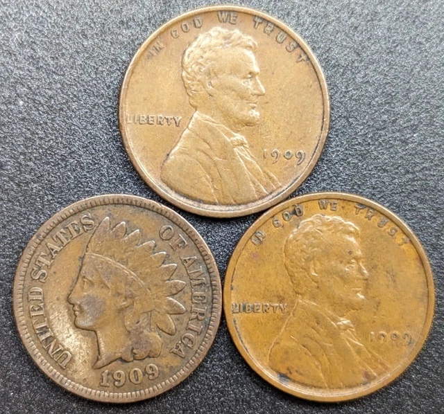1909 Lot - 1909 VDB Lincoln Wheat 1909 Indian Head Cent and 1909 Lincoln Wheat