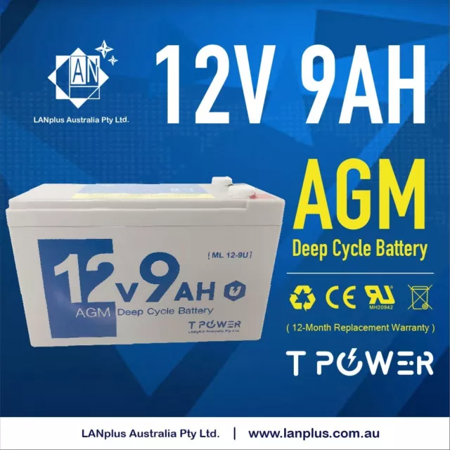 Tpower 12V 9AH SLA AGM battery 60CCA Size as 12V 7ah 7.2ah f light fishing boat