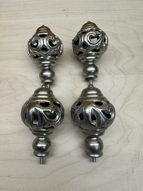 Vintage Set of 4 Metal Curtain Rod Pole Finials Silver Orbs Cage