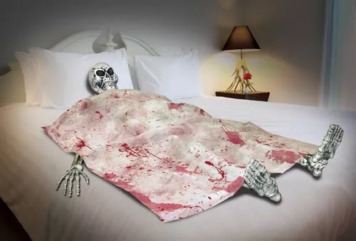 BLOODY DEATH BED SKELETON Prop Gag Halloween Bones Skull Feet Hand Blood Sheet