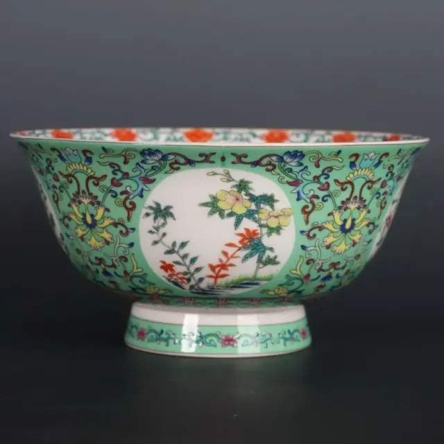 Chinese Green Famille Rose Porcelain Qing Qianlong Flowers Design Bowl 8.2 inch