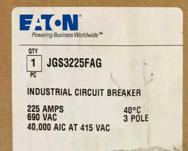 EATON JGS3225FAG 3 Pole 225 AMP J250S Circuit Breaker