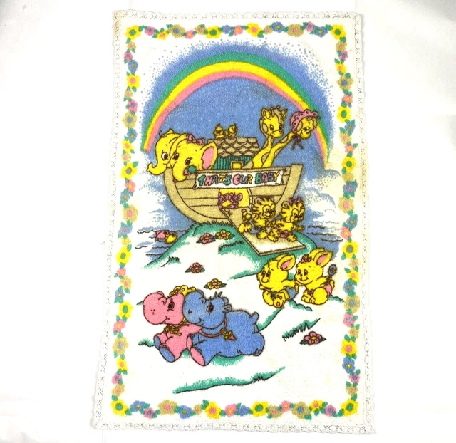 Vintage Baby Diaper Changing Pad Noahs Ark Animals Boat FLAWED Lace Edge 16x26