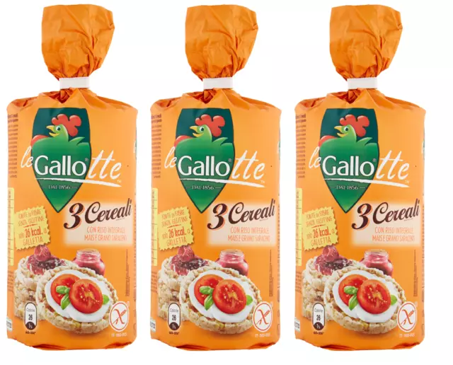 3x Riso Gallo Gallotte 3 Cereali,Braune Reiskuchen mit Mais und Buchweizen,100g