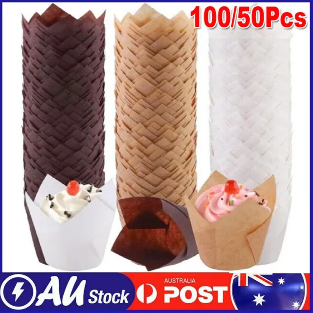 100/50x Tulip Baking Paper Cups Cupcake Muffin Liners Wrappers Treat Cup Wedding