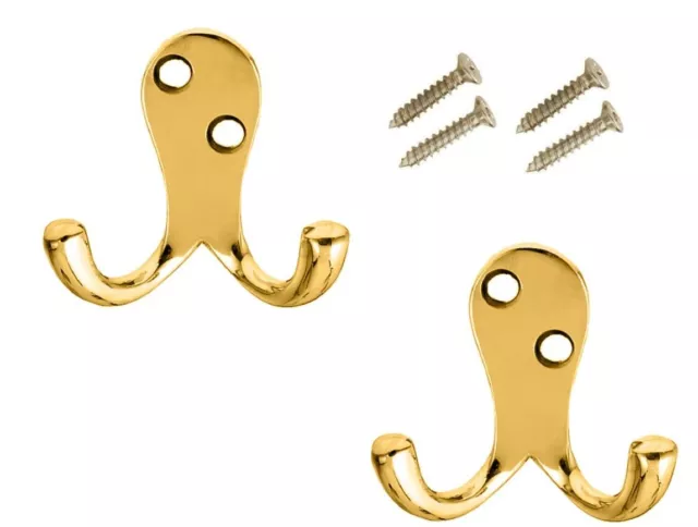 COAT HOOKS BRASS DOUBLE Door & Wall Robe Dress Garment Clothes Hangers x 2