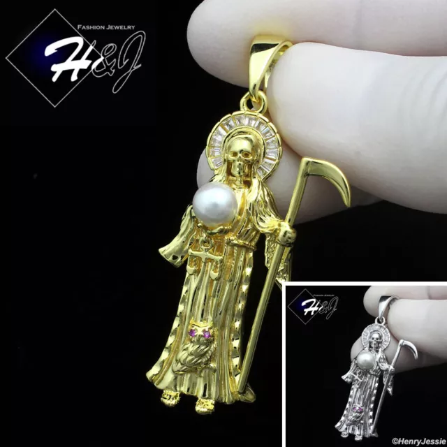 Men 925 Sterling Silver Icy Cz Gold Plated/Silver 3D Santa Muerte Pendant*Sp441