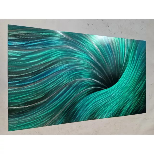 Modern abstract Contemporary metal wall art. Lunar Sunrise. Green Teal and Grey