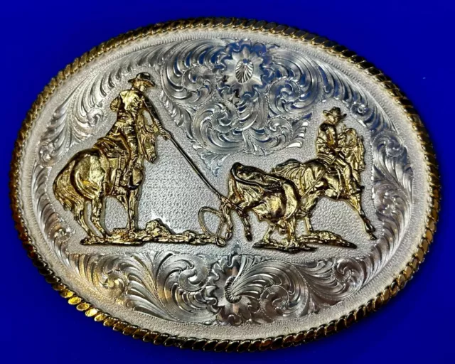 HUGE 5" Rodeo Calf Roping Cowboys Team Vintage Montana Silversmiths Belt Buckle
